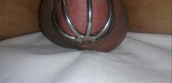  cumming in chastity device with vibrating egg ,hand free cum shot ,cock cage cum